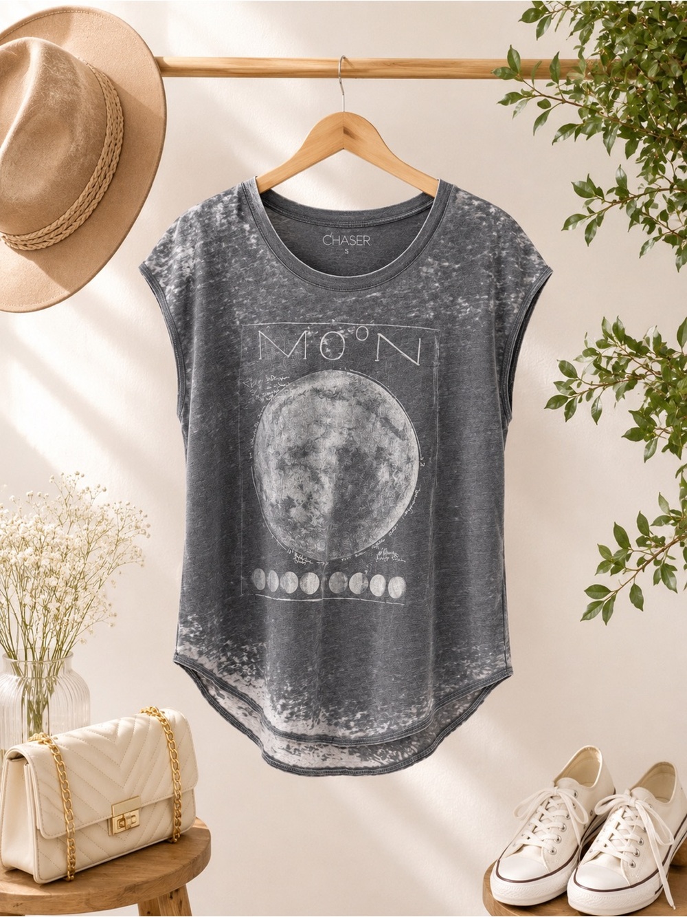 Chaser Moon Phase Burnout Graphic Tee Celestial Boho Gray Muscle Top Medium